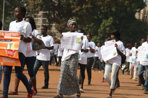 Young people marching on the streets of Bangui.